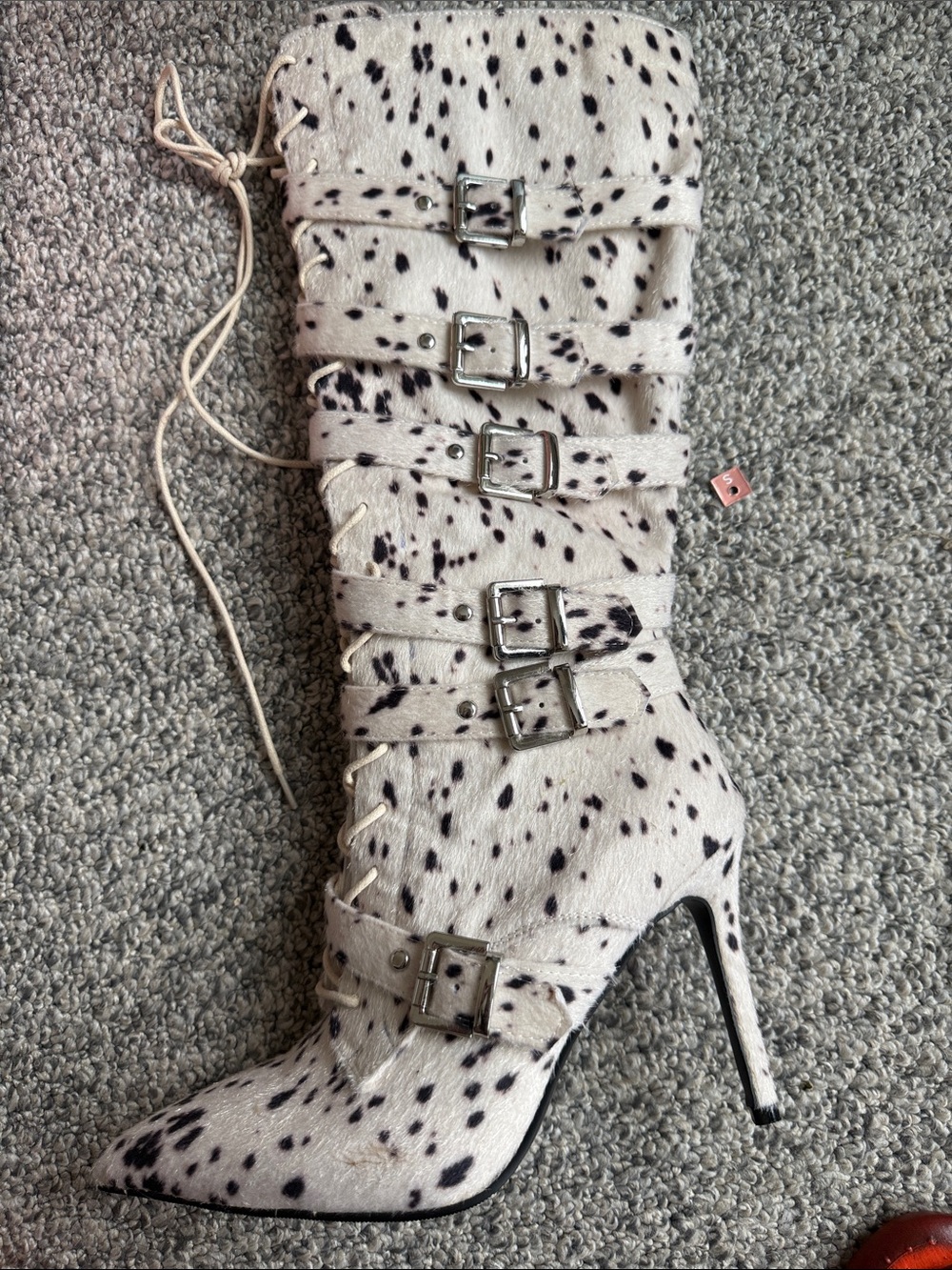 Delicious Dalmatian-Print Buckled Knee-High Stiletto Boot in White & Black